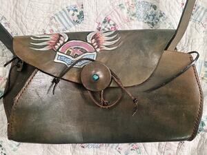 VINTAGE 90’s LARGE ROCK N ROLL HANDPAINTED LEATHER BAG w/ TURQUOISE GEMSTONE